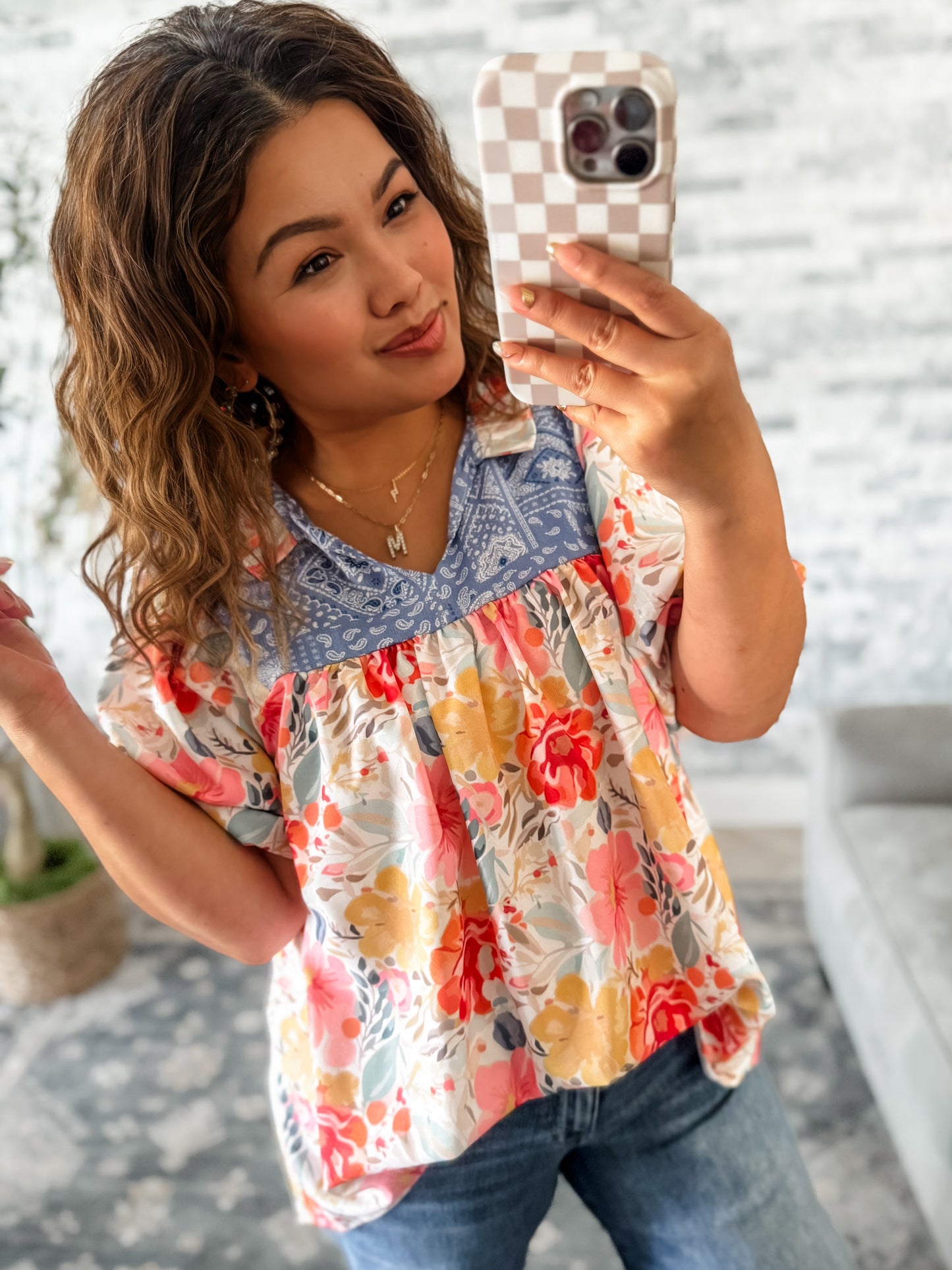 SPRING FLORAL MIXED KNIT PUFF SLEEVE TOP