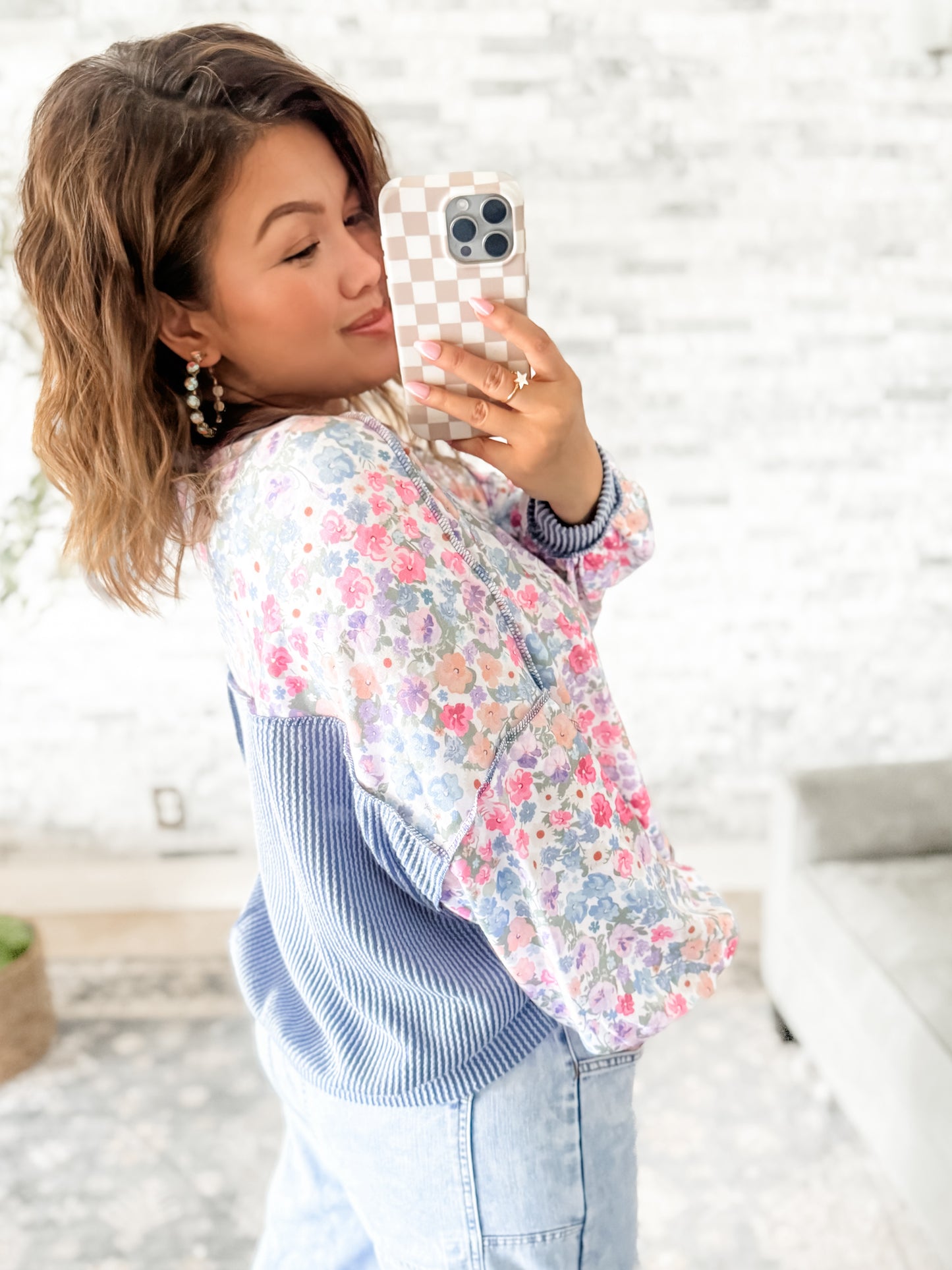 MEADOW BREEZE MIXED KNIT FLORAL PULLOVER
