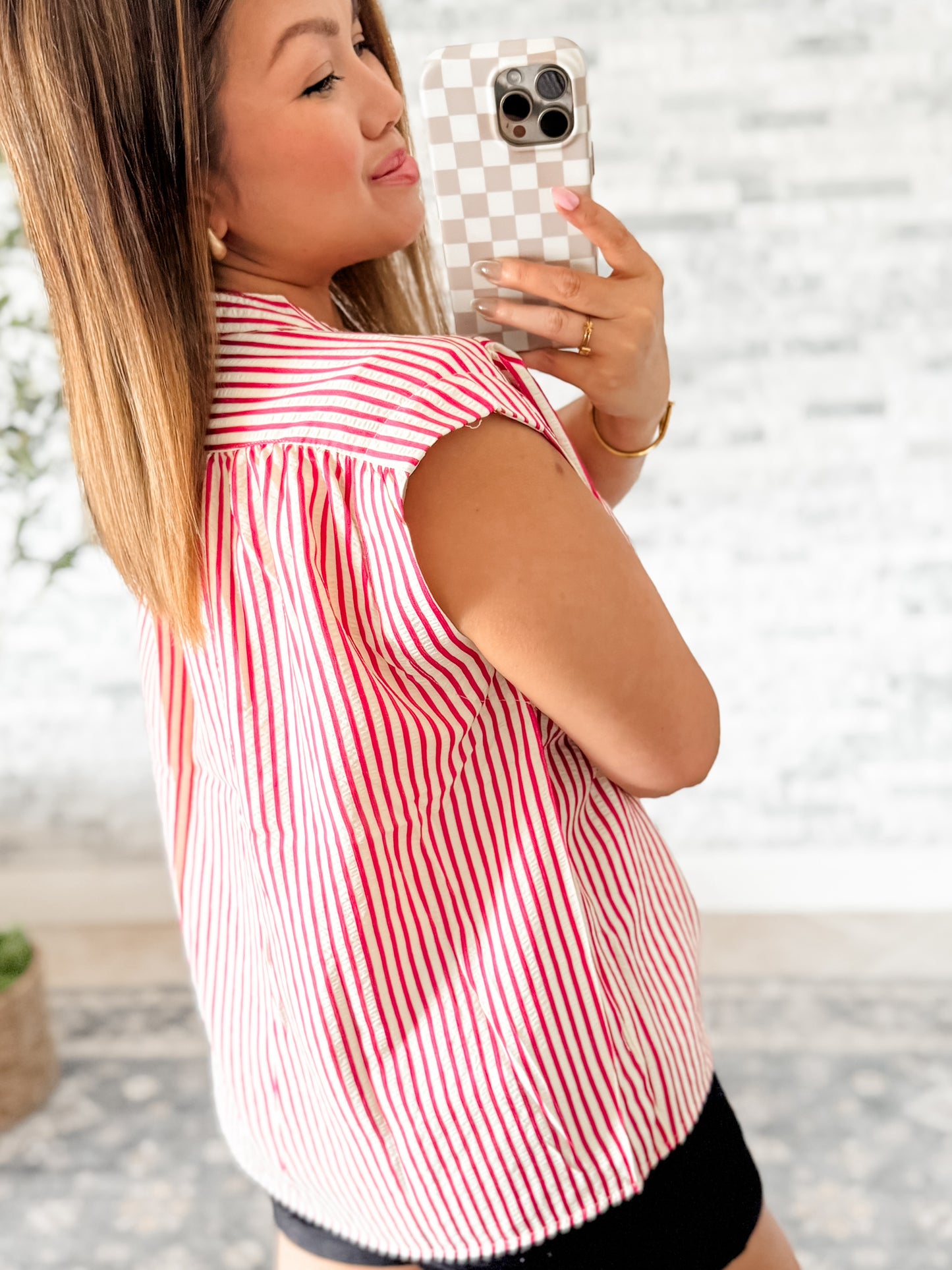 FRESH PICK STRIPED SLEEVELESS WOVEN V NECK TOP