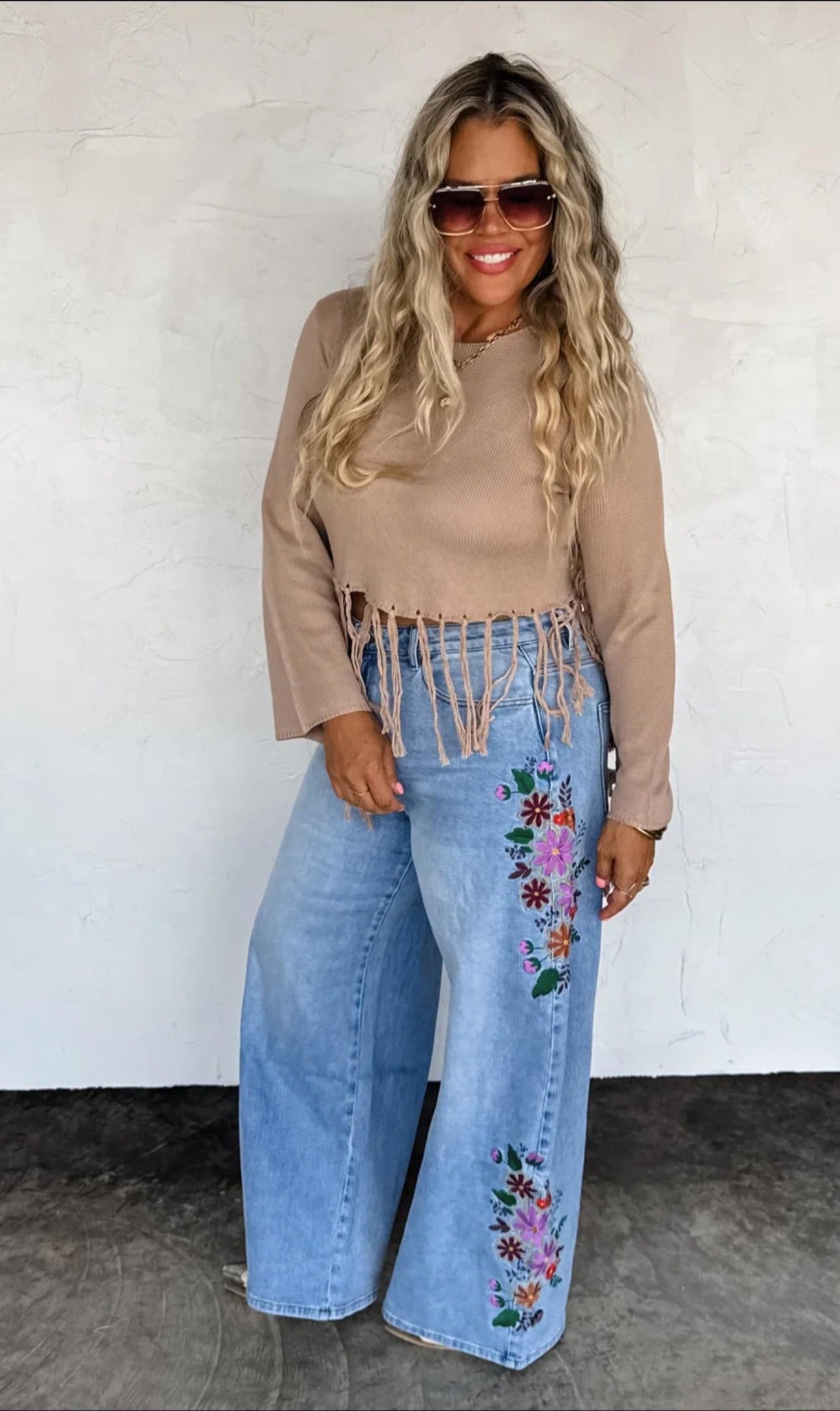 EVIE EMRBOIDERED FLORAL WIDE LEG JEANS