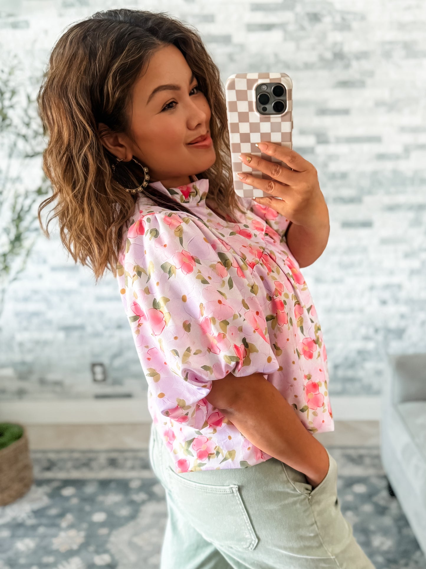 PAINTED BLOSSOMS PUFF SLEEVE TOP