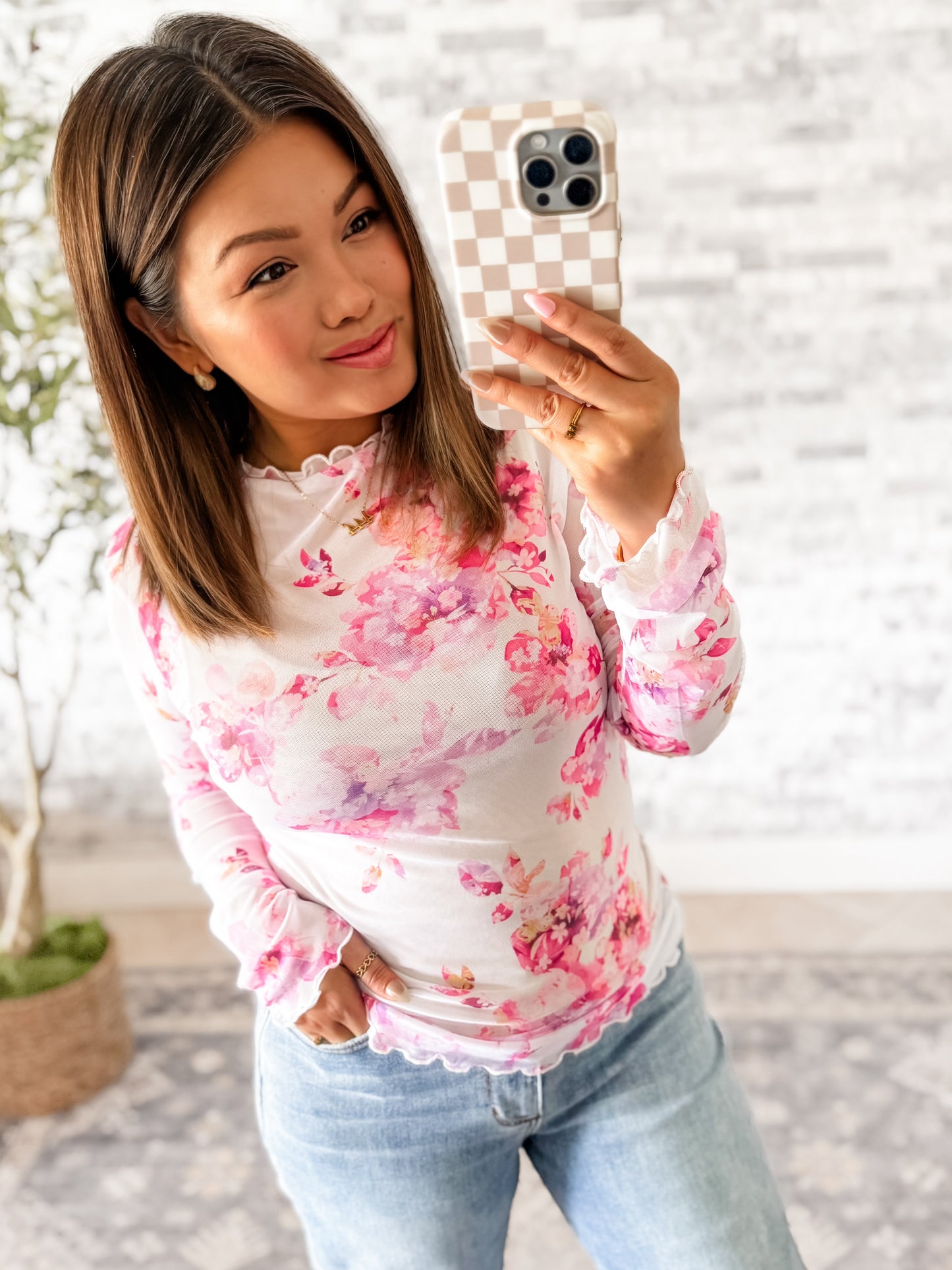GARDEN PARTY LETTUCE TRIM MESH LONG SLEEVE TOP