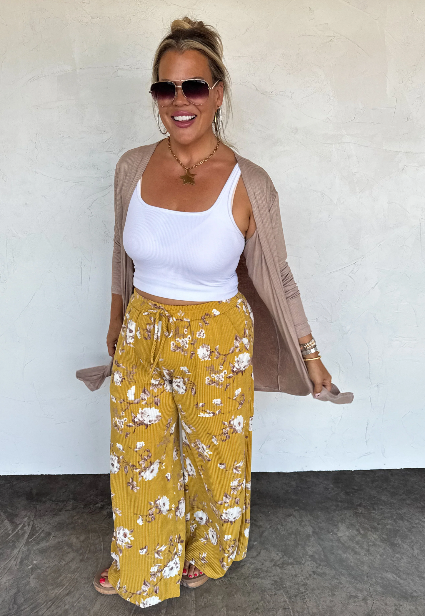 HADDIE FLORAL URBAN RIBBED WIDE LEG PANTS in MUSTARD