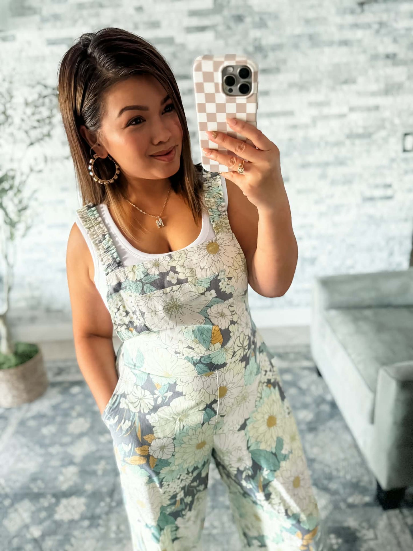 LINEN GARDEN SAGE FLORAL CROPPED OVERALLS