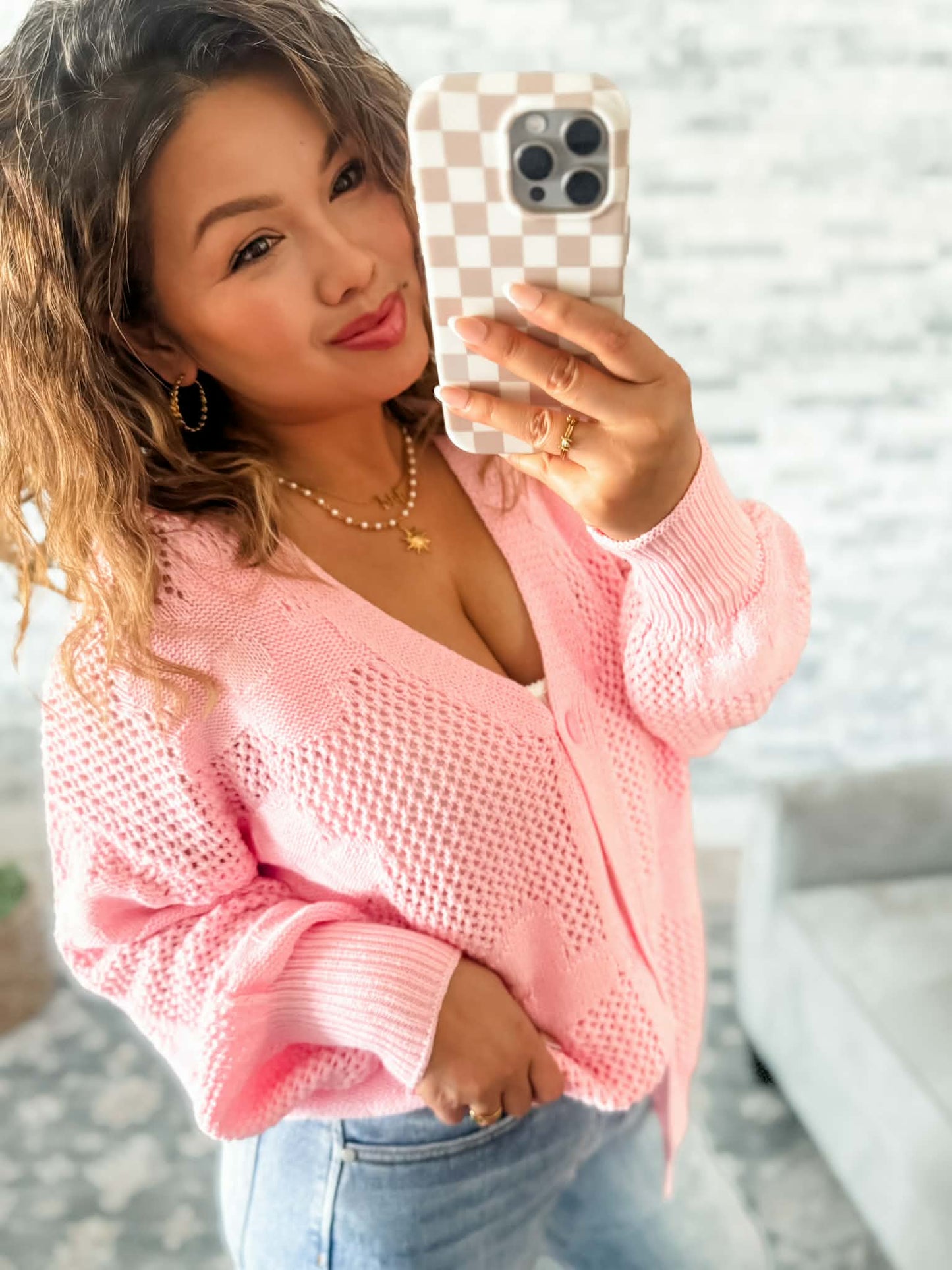 PINK DAYDREAM OPEN KNIT FLORAL CARDIGAN