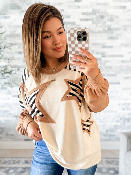 WAFFLE KNIT STAR PATCH COLOR BLOCK TOP