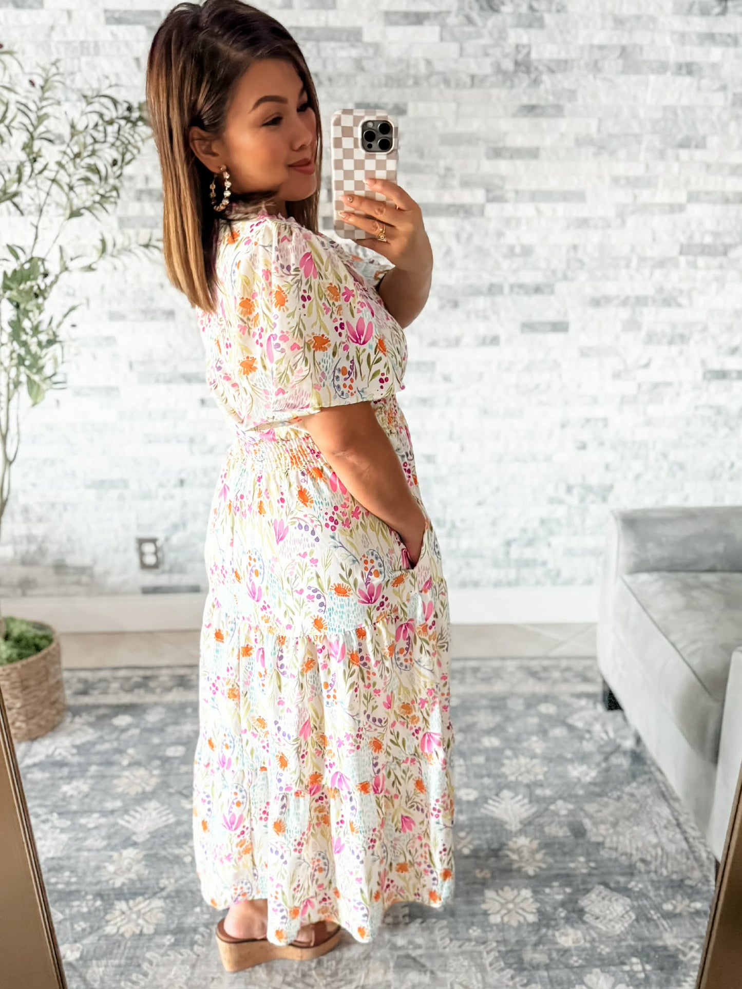 PETALS IN THE BREEZE SMOCKED MIDI DRESS