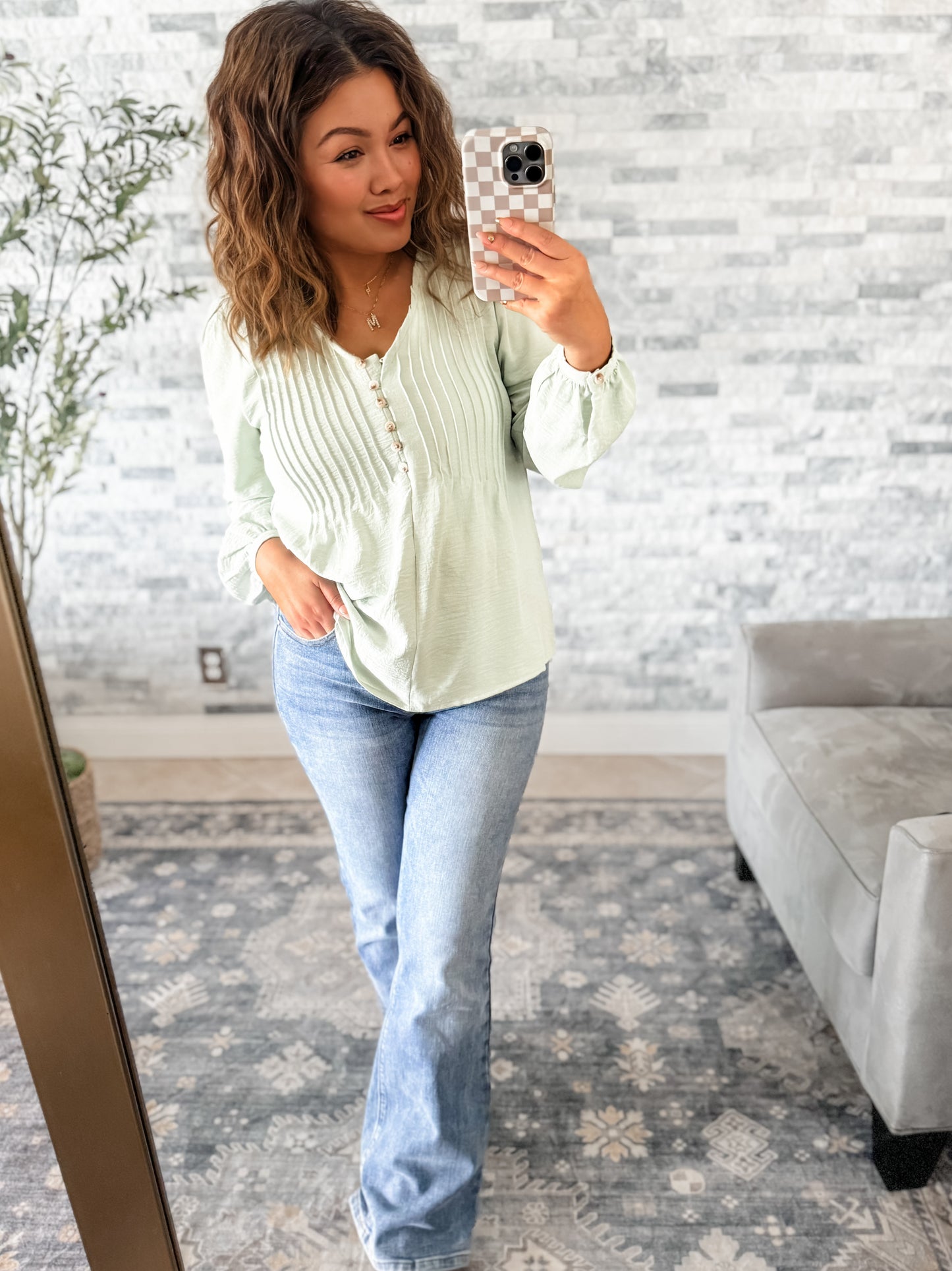 SAGE FRONT PLEATED BUTTON DETAIL BLOUSE