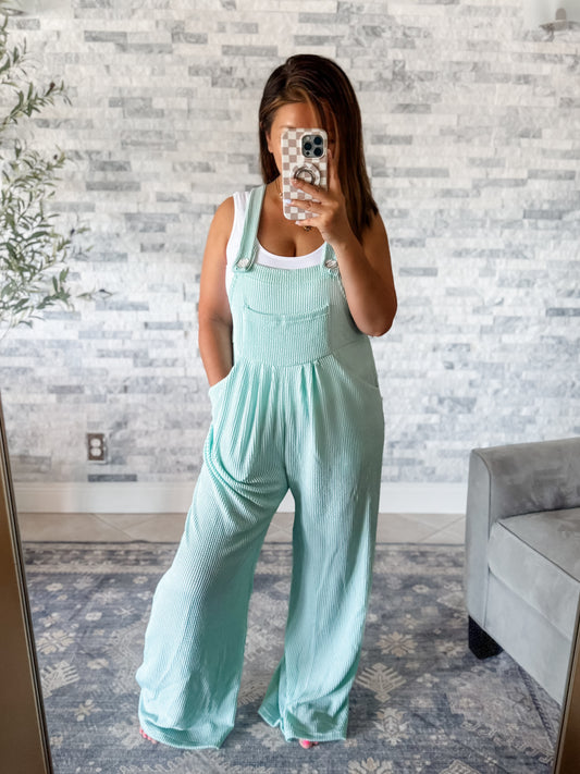 KARLI RIBBED BOHO OVERALLS - MINT
