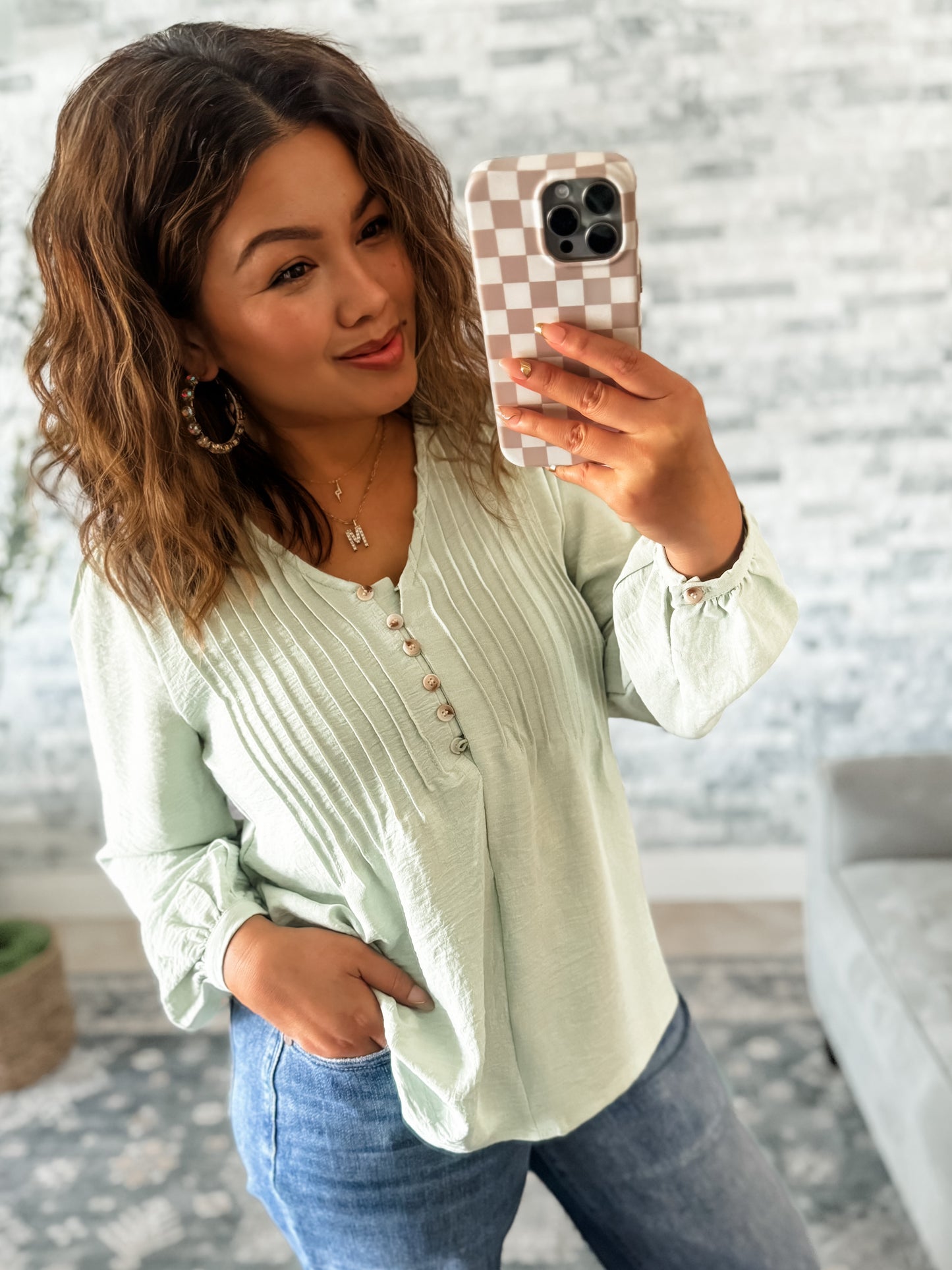 SAGE FRONT PLEATED BUTTON DETAIL BLOUSE