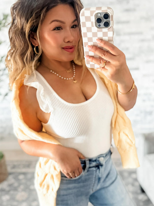 OH MY DARLING RUFFLED RIBBED BODYSUIT