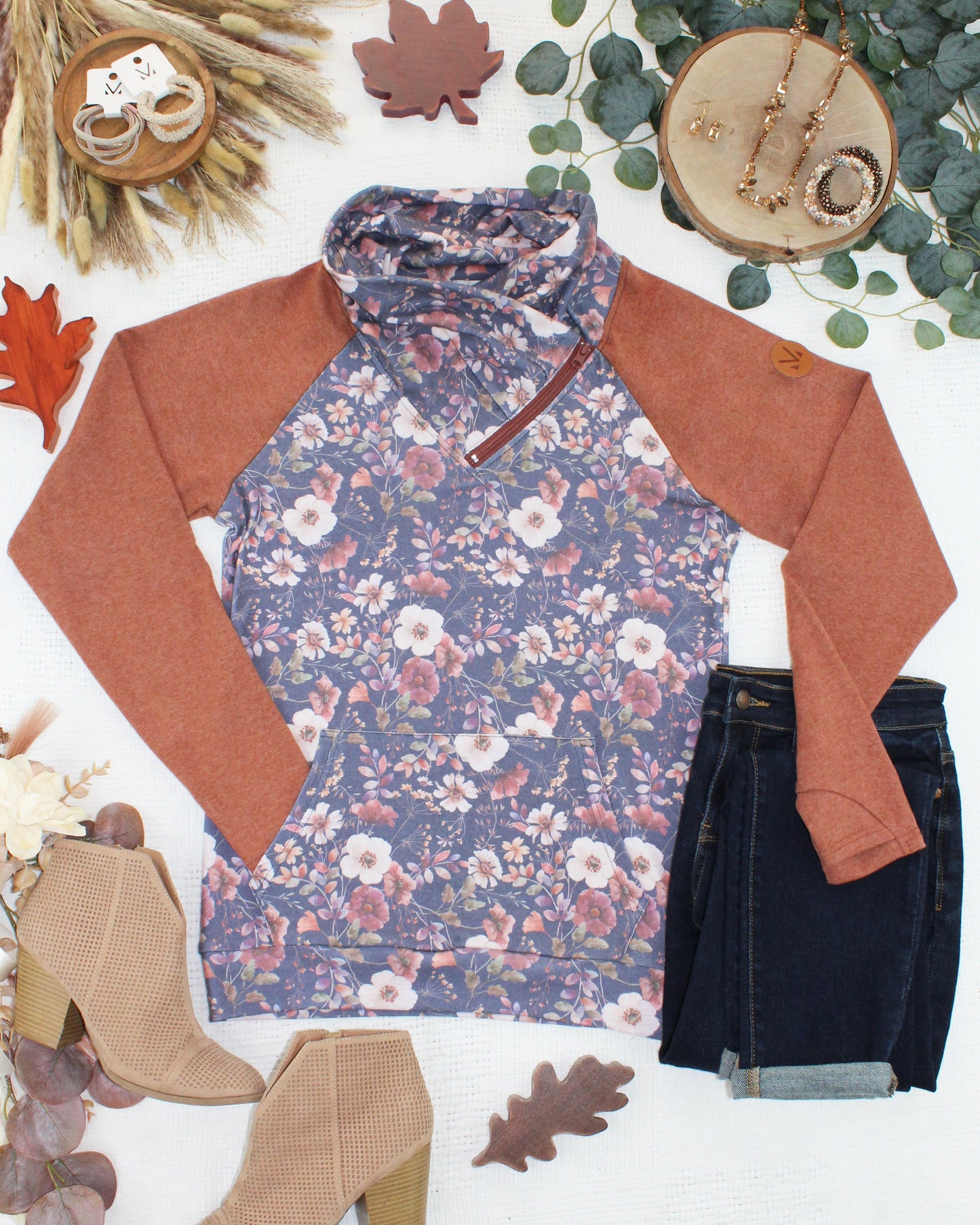PREBOOK Classic Zoey ZipCowl Sweatshirt - Blushwood Floral and Terra Cotta