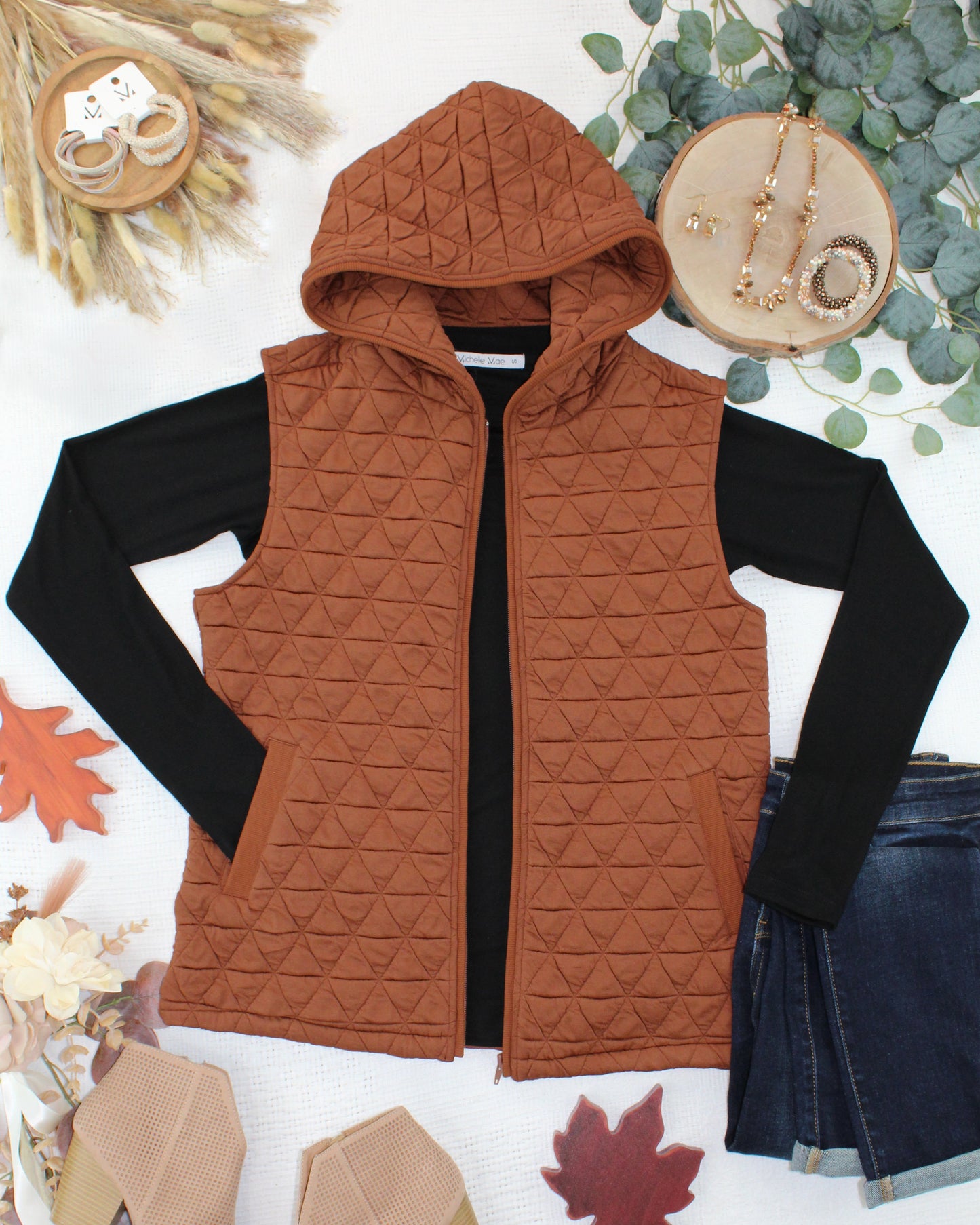 PREBOOK Heather Geometric Hooded Vest - Rust