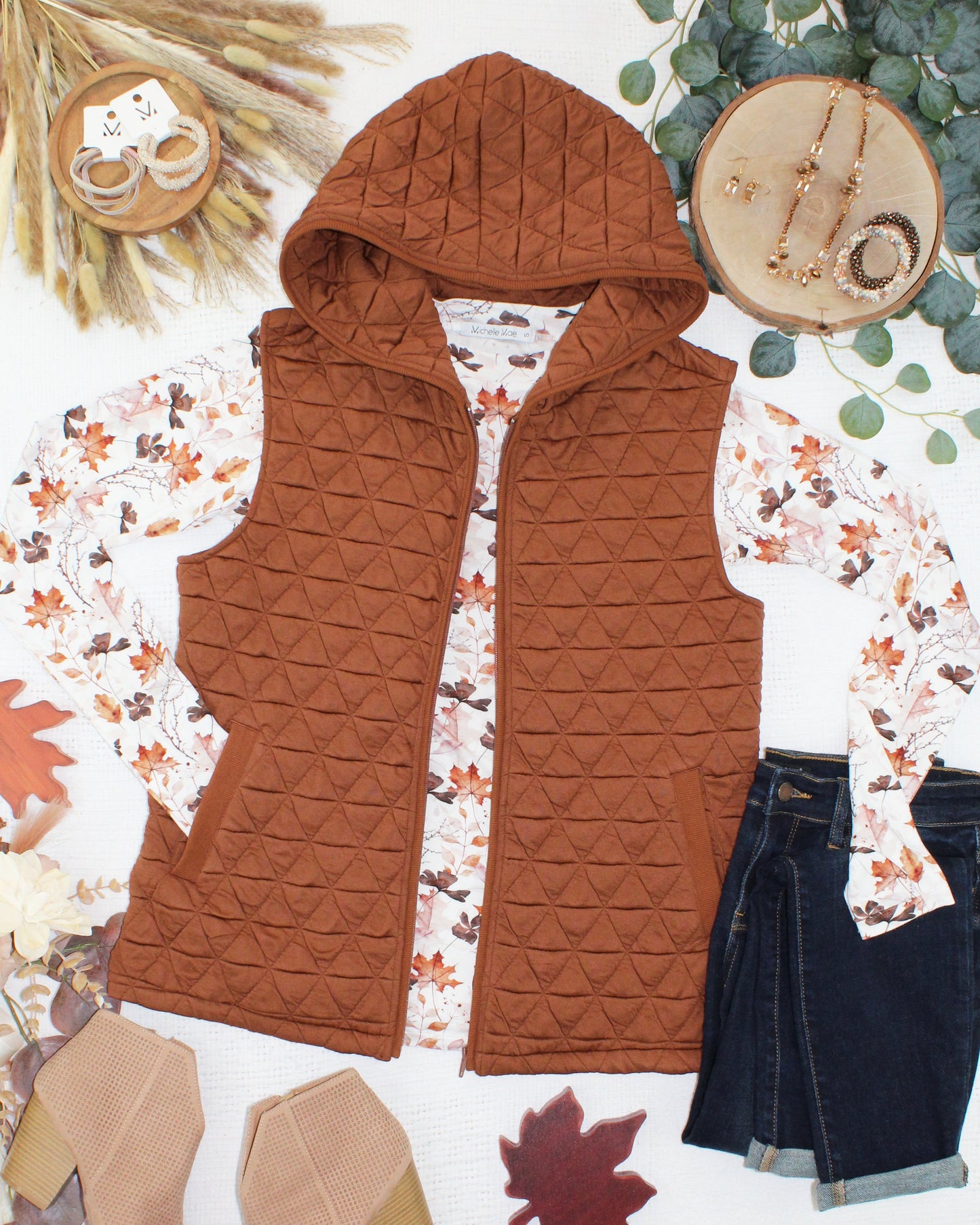 PREBOOK Heather Geometric Hooded Vest - Rust