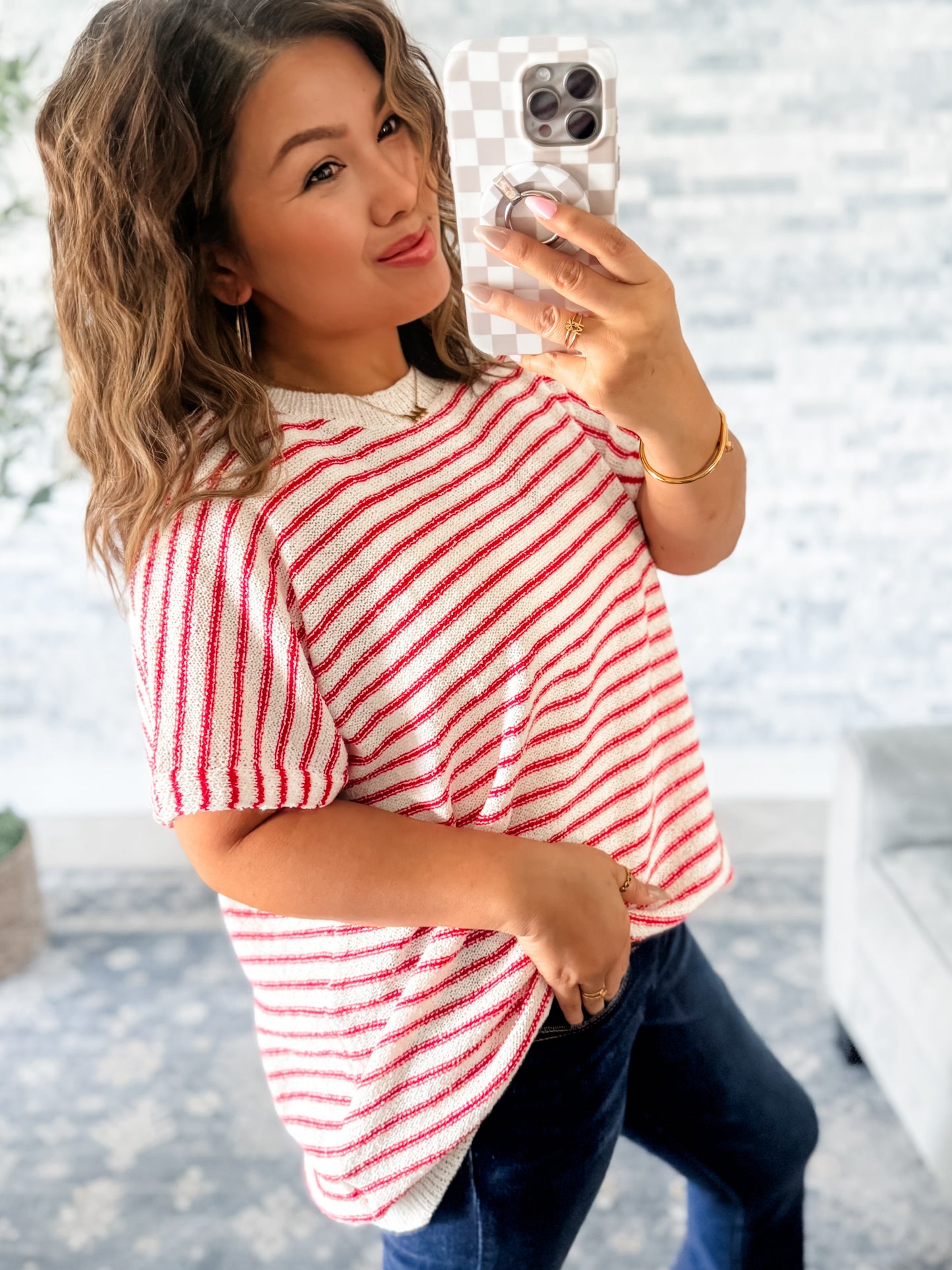 BREEZY STRIPE KNIT TOP in RED & IVORY