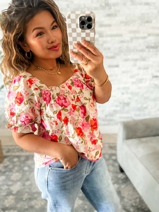 SQUARE NECK BLOUSE in FUCHSIA FLORAL