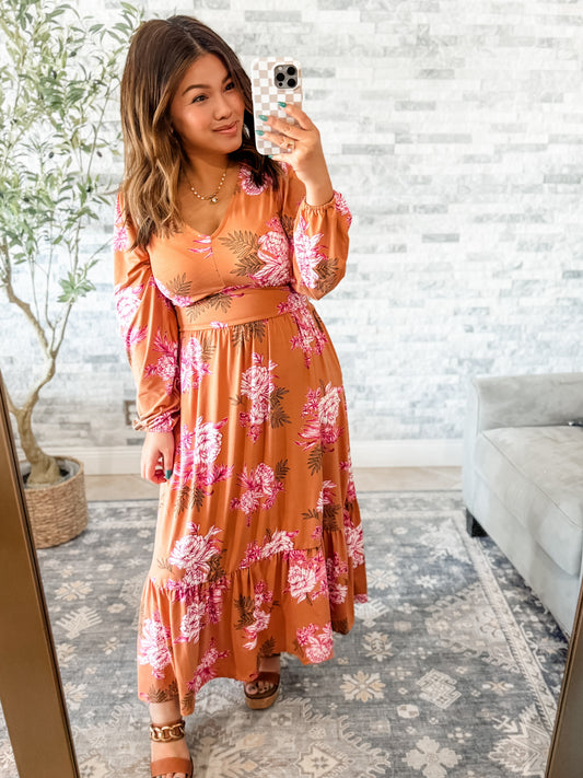 CLASSY CLAY FLORAL TIERED MIDI DRESS w/ POCKETS