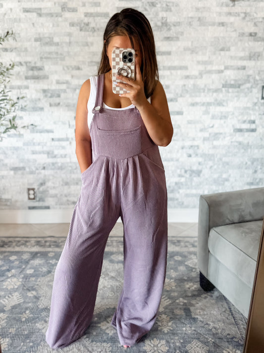 KARLI BOHO RIBBED OVERALLS - LAVENDER
