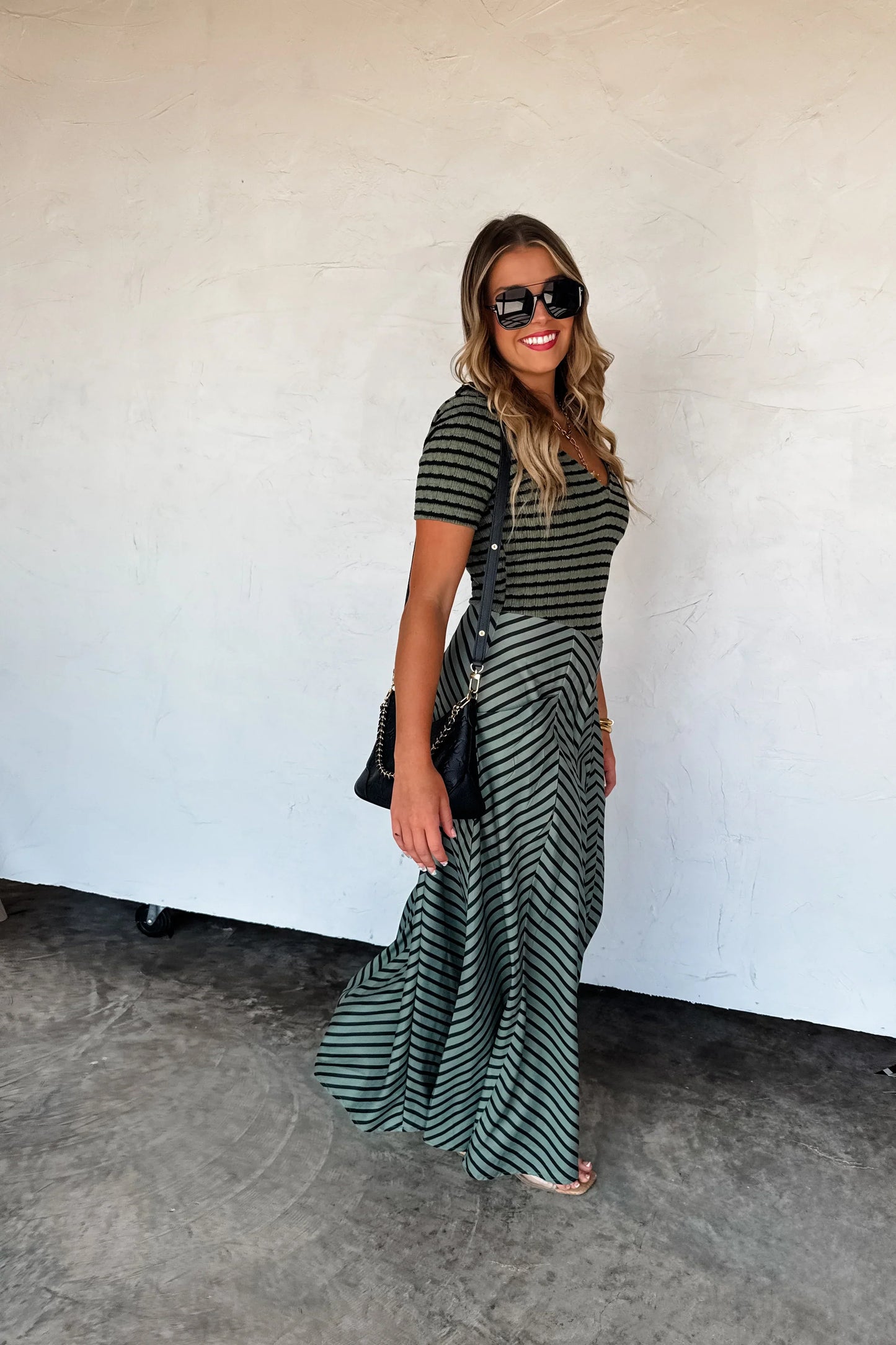 CALISTA STRIPE MIXED KNIT DRESS - OLIVE