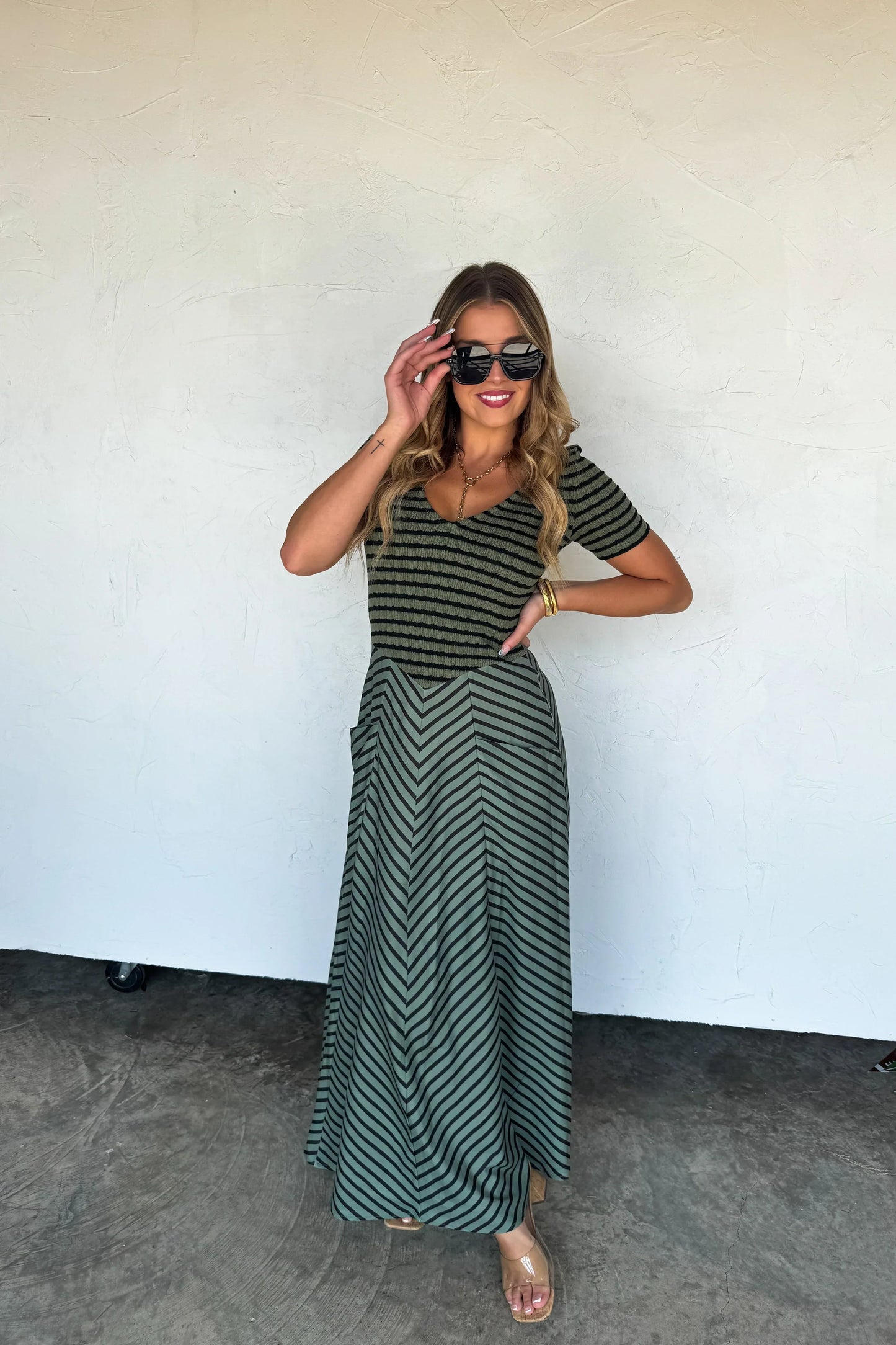 CALISTA STRIPE MIXED KNIT DRESS - OLIVE