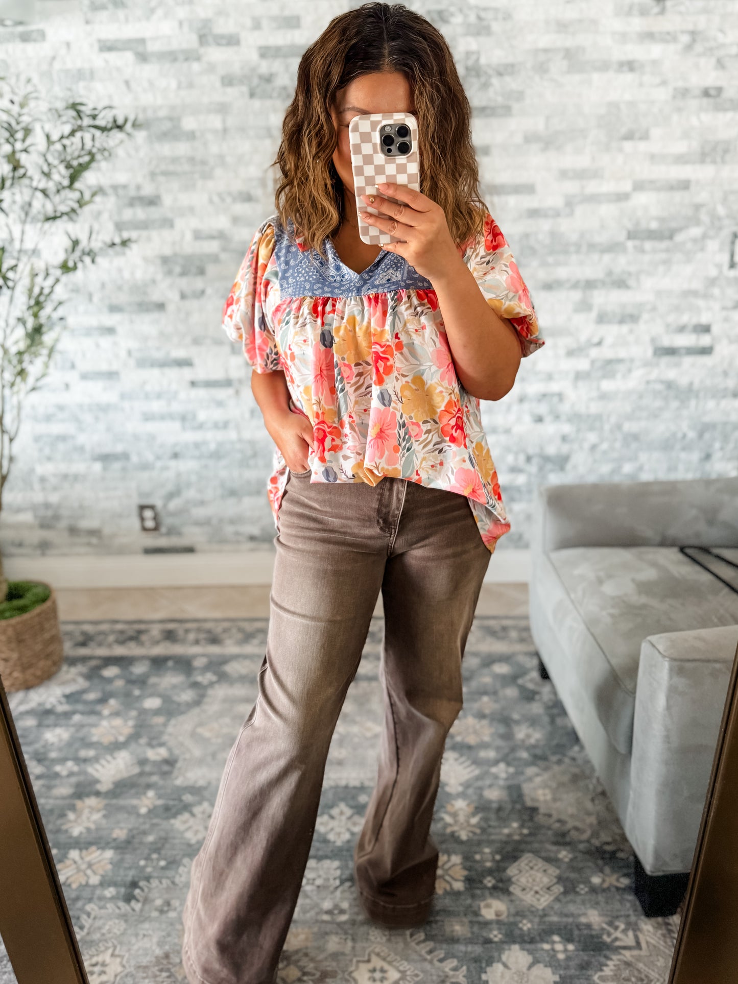 SPRING FLORAL MIXED KNIT PUFF SLEEVE TOP