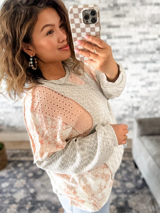 GREY SLUB  & MIXED PINK EYELET KNIT FLORAL TOP