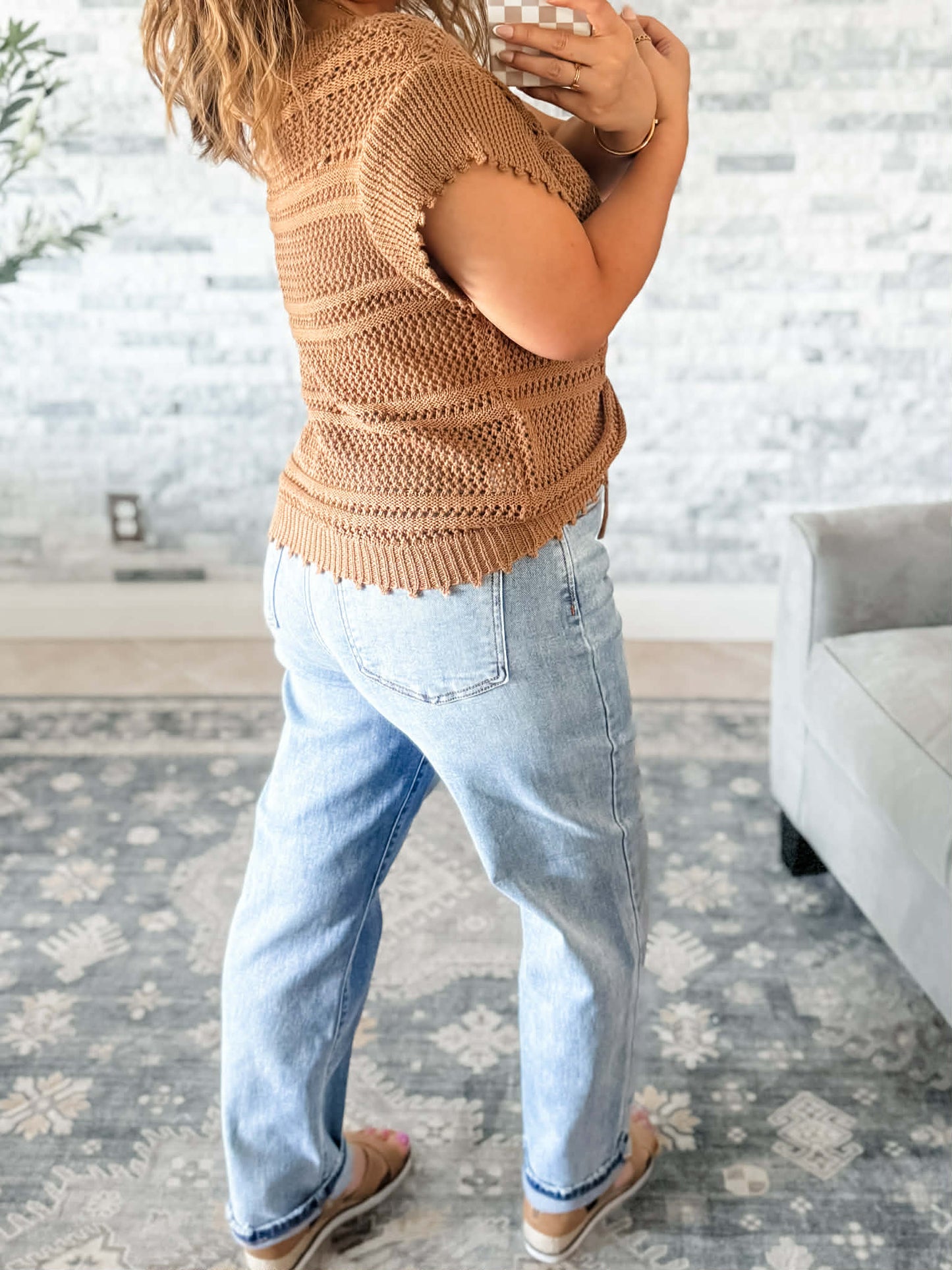 FRONT RUCHED SWEATER KNIT TOP in SAHARA