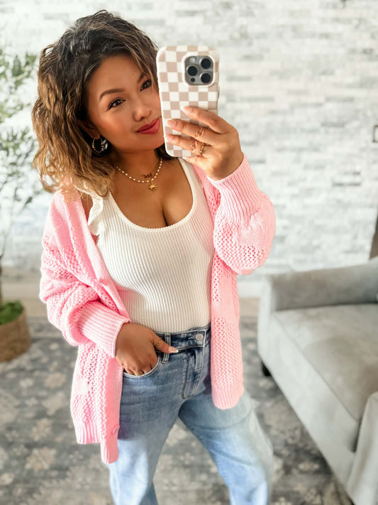 PINK DAYDREAM OPEN KNIT FLORAL CARDIGAN