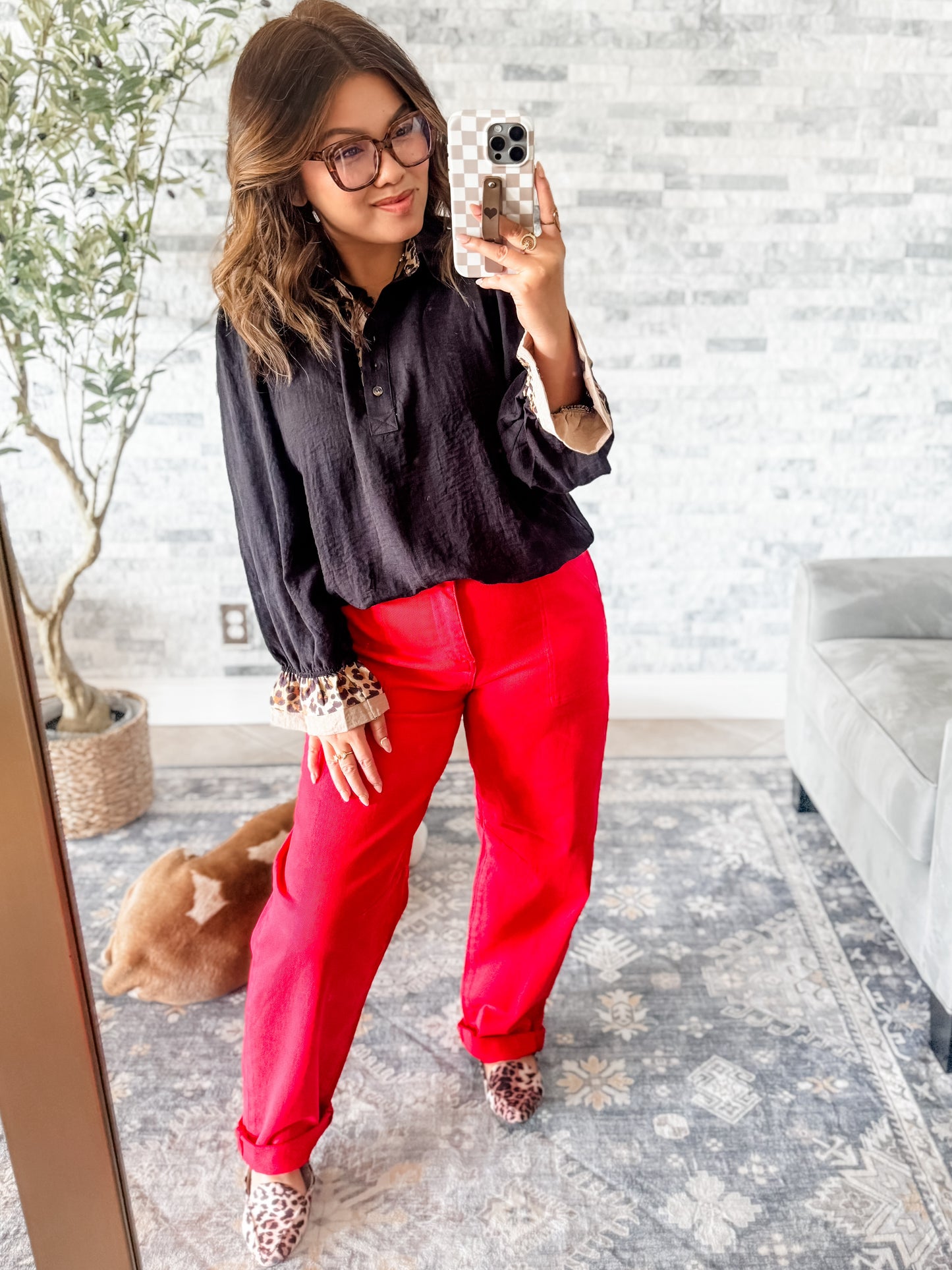 RISEN HIGH RISE ANKLE CUFFED BARREL PANTS in SCARLET