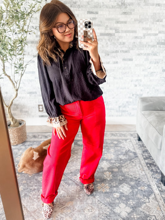 RISEN HIGH RISE ANKLE CUFFED BARREL PANTS in SCARLET