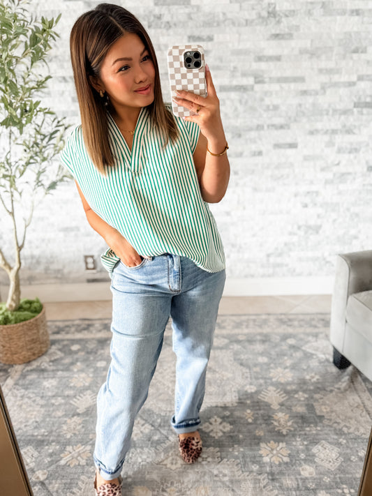 FRESH PICK STRIPED SLEEVELESS WOVEN V NECK TOP