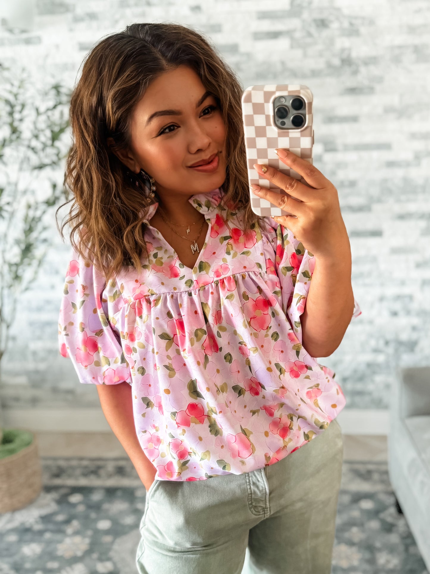 PAINTED BLOSSOMS PUFF SLEEVE TOP