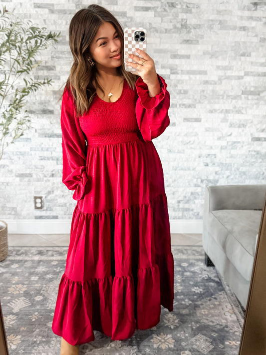 CABERNET MAGIC SMOCKED MAXI DRESS w/ POCKETS