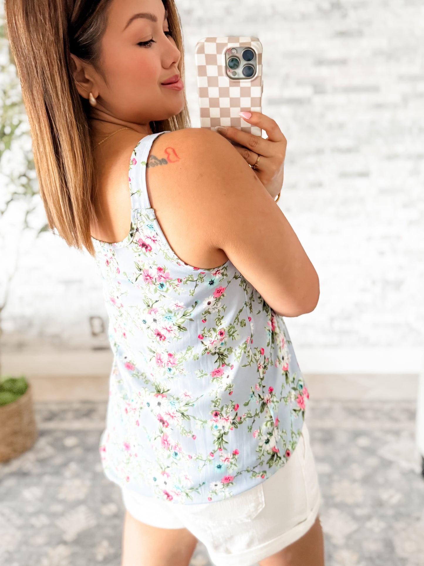 PERIWINKLE FLORAL BUTTON FRONT TANK