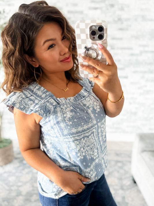 BLUE BANDANA PRINT RUFFLE STRAP TOP
