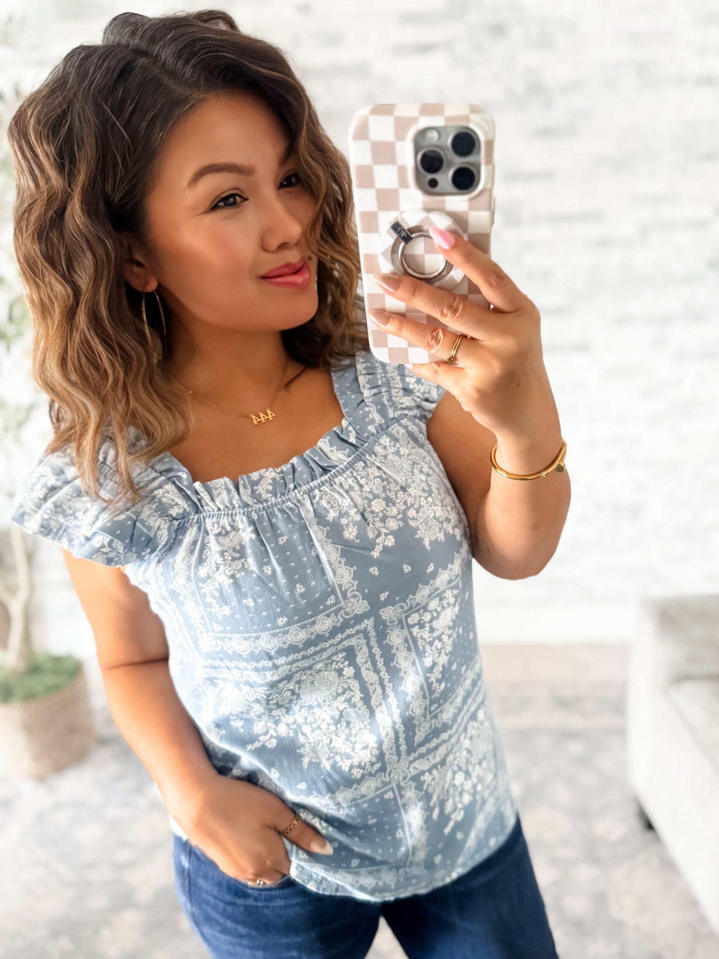 BLUE BANDANA PRINT RUFFLE STRAP TOP