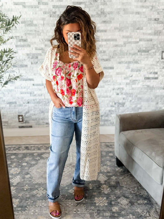 OPEN KNIT DUSTER CARDIGAN in CREAM