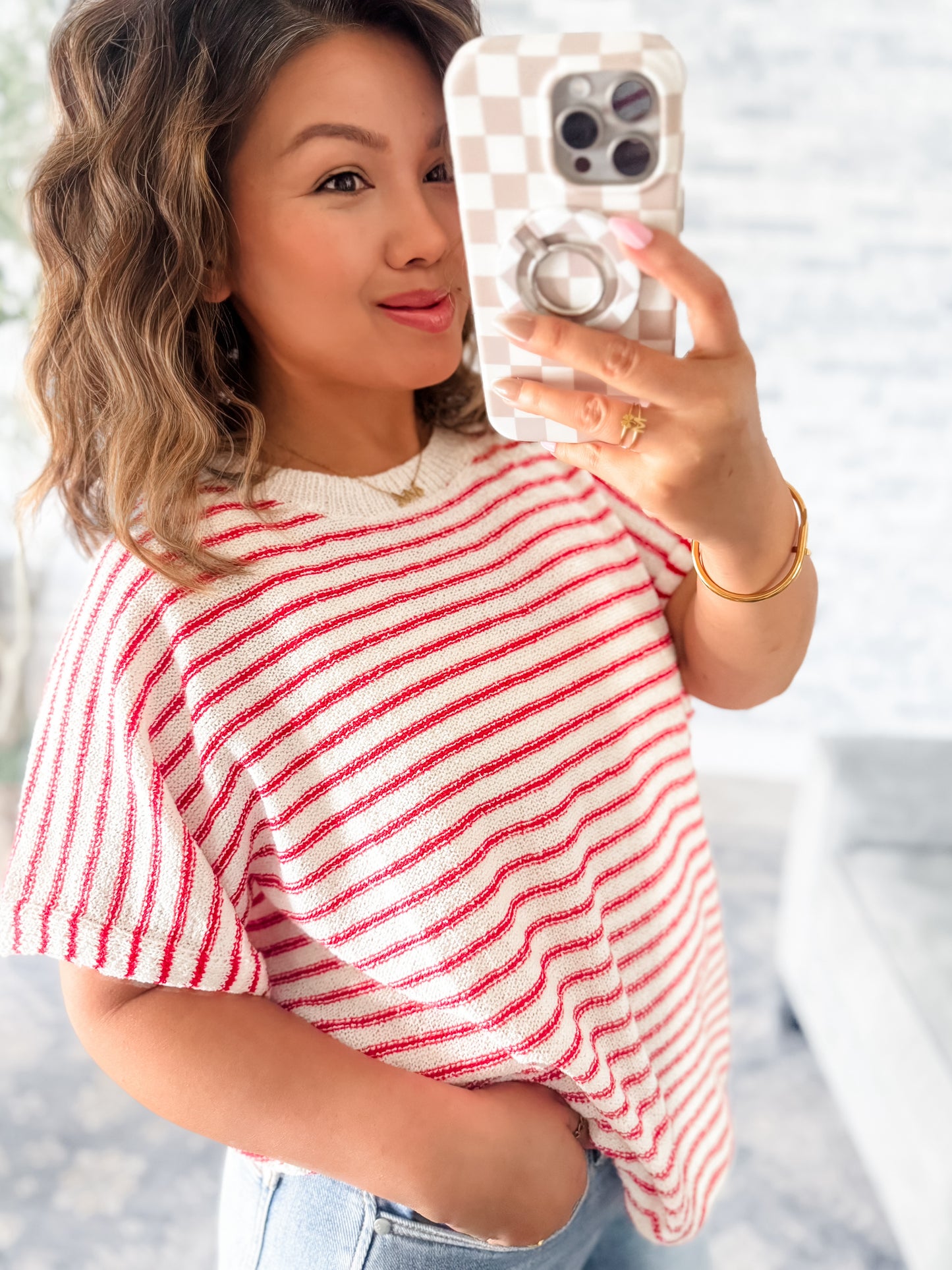 BREEZY STRIPE KNIT TOP in RED & IVORY