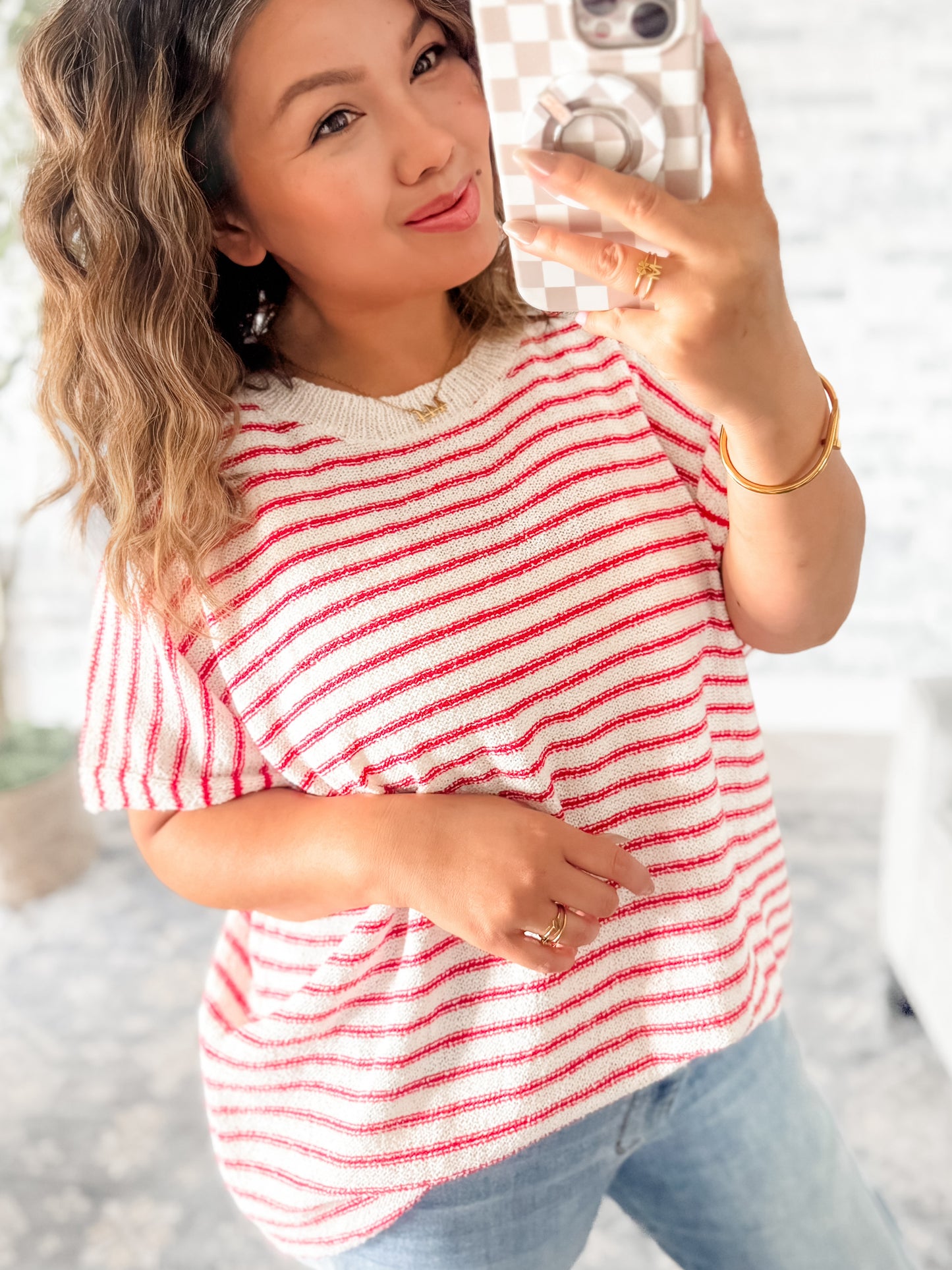 BREEZY STRIPE KNIT TOP in RED & IVORY