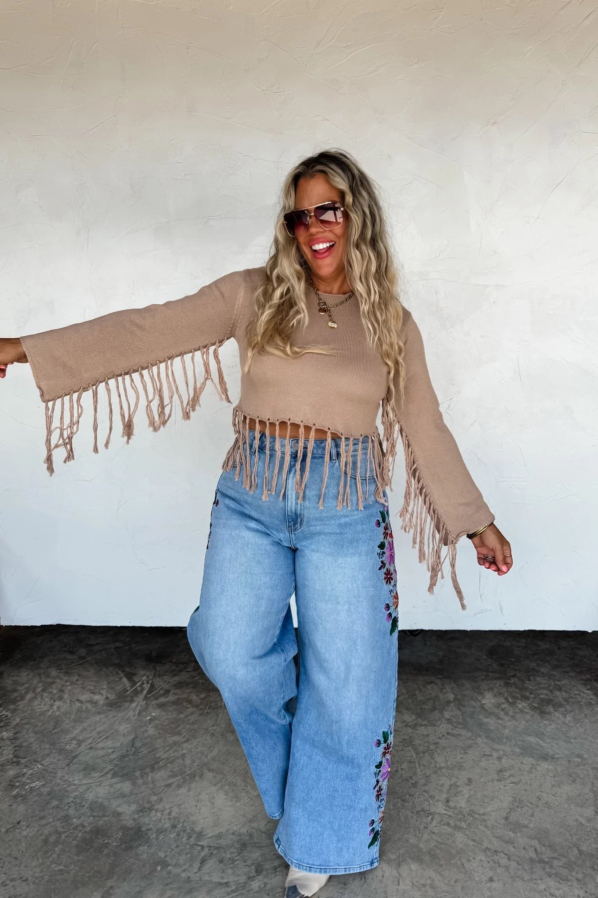 EVIE EMRBOIDERED FLORAL WIDE LEG JEANS