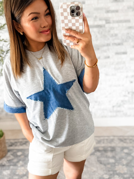 REACH FOR THE STARS DENIM PATCH TOP