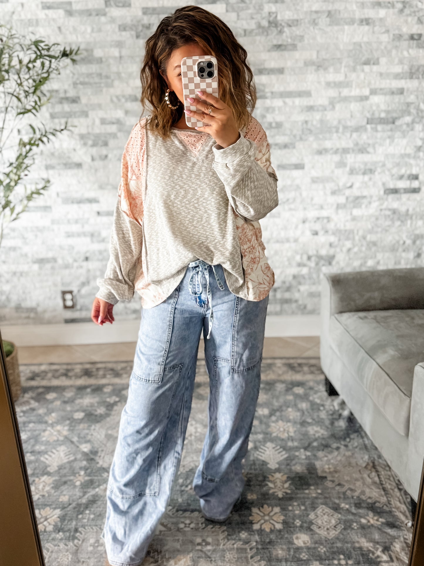 GREY SLUB  & MIXED PINK EYELET KNIT FLORAL TOP