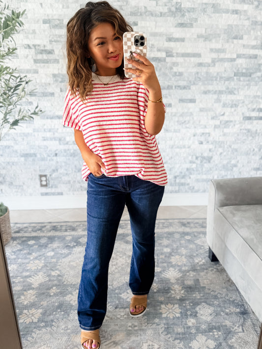 BREEZY STRIPE KNIT TOP in RED & IVORY