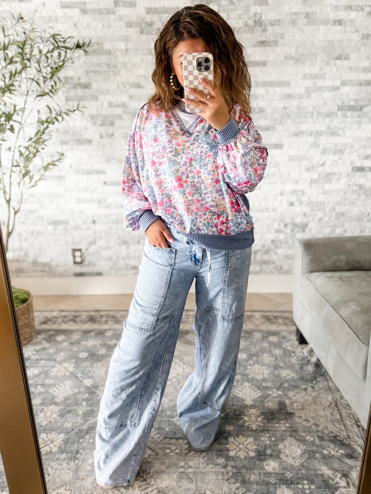 MEADOW BREEZE MIXED KNIT FLORAL PULLOVER