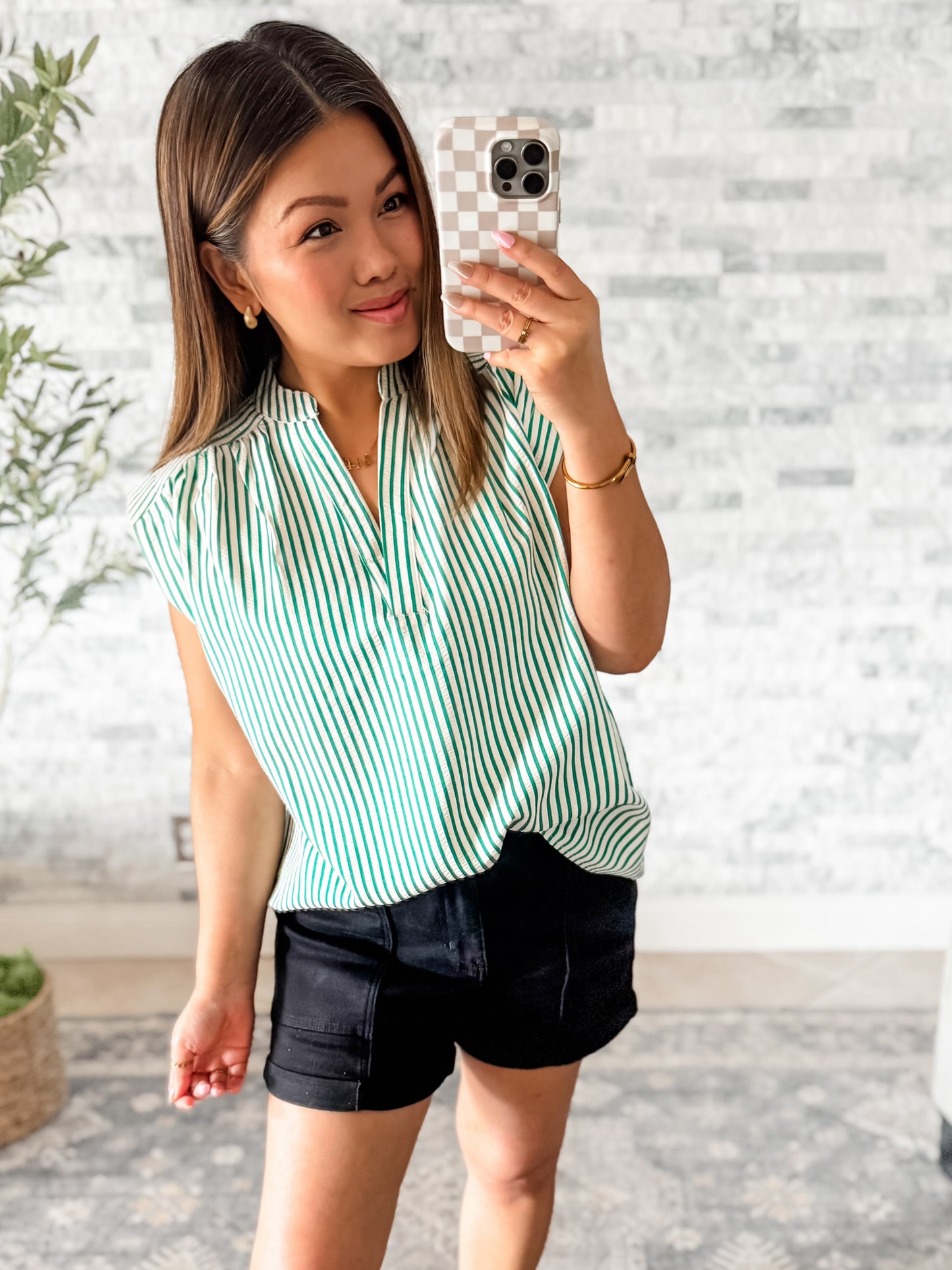 FRESH PICK STRIPED SLEEVELESS WOVEN V NECK TOP