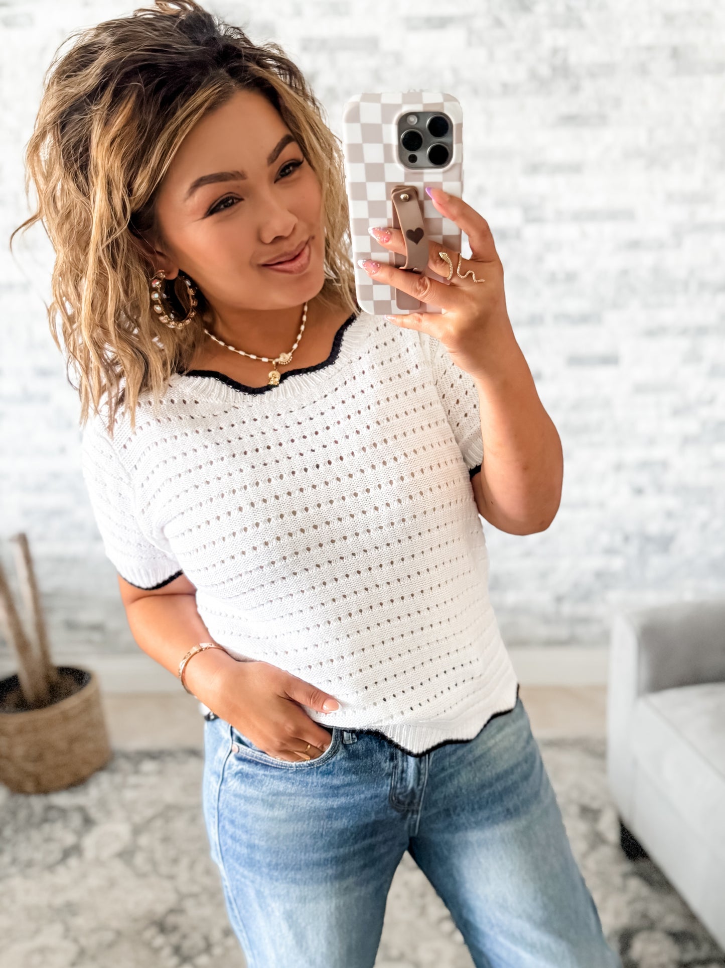 OPEN KNIT SWEATER TOP w/ BLACK SCALLOPED TRIM