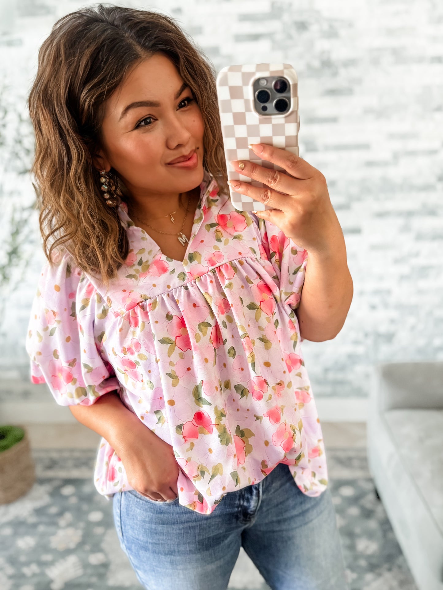 PAINTED BLOSSOMS PUFF SLEEVE TOP