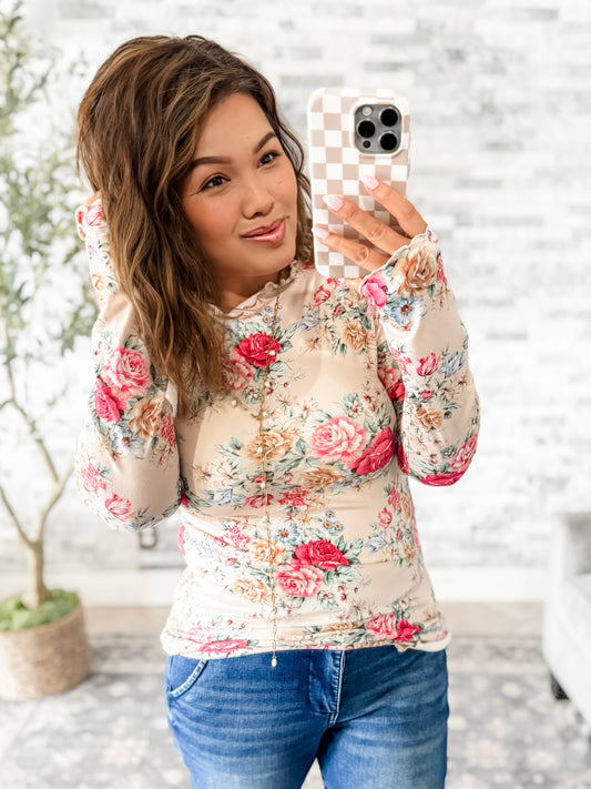 VINTAGE PETALS OATMEAL LONG SLEEVE TOP