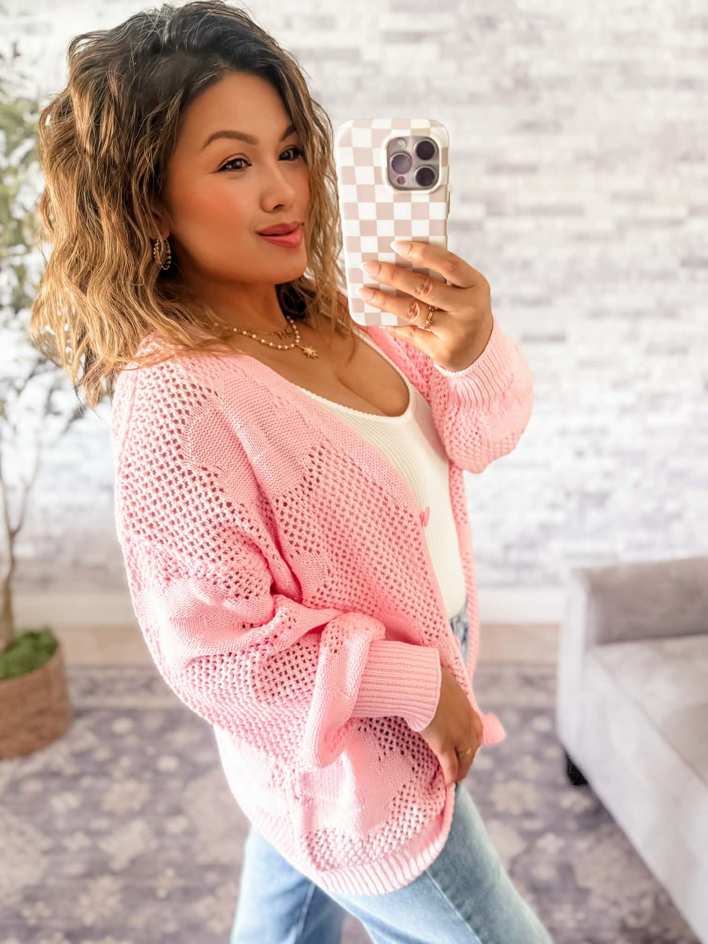 PINK DAYDREAM OPEN KNIT FLORAL CARDIGAN
