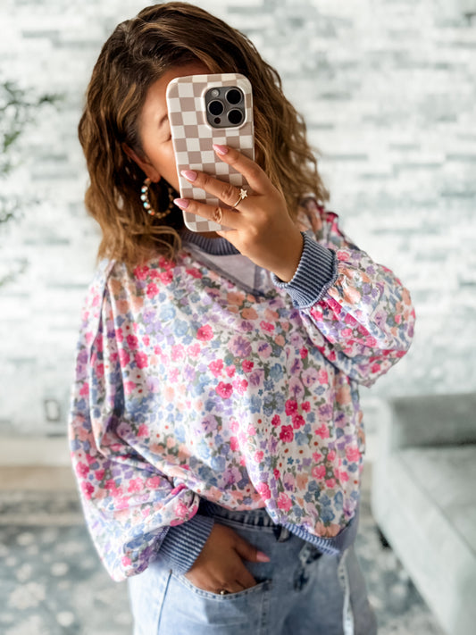 MEADOW BREEZE MIXED KNIT FLORAL PULLOVER